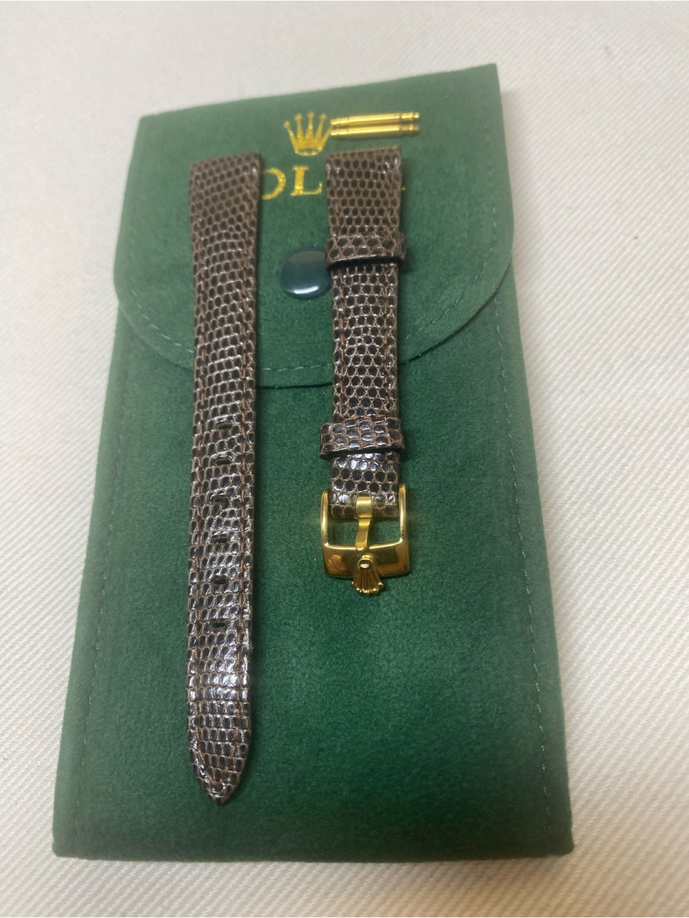 Vintage Brown Lizard-Textured Leather Rolex Strap with Gold Plated Buckle 15mm